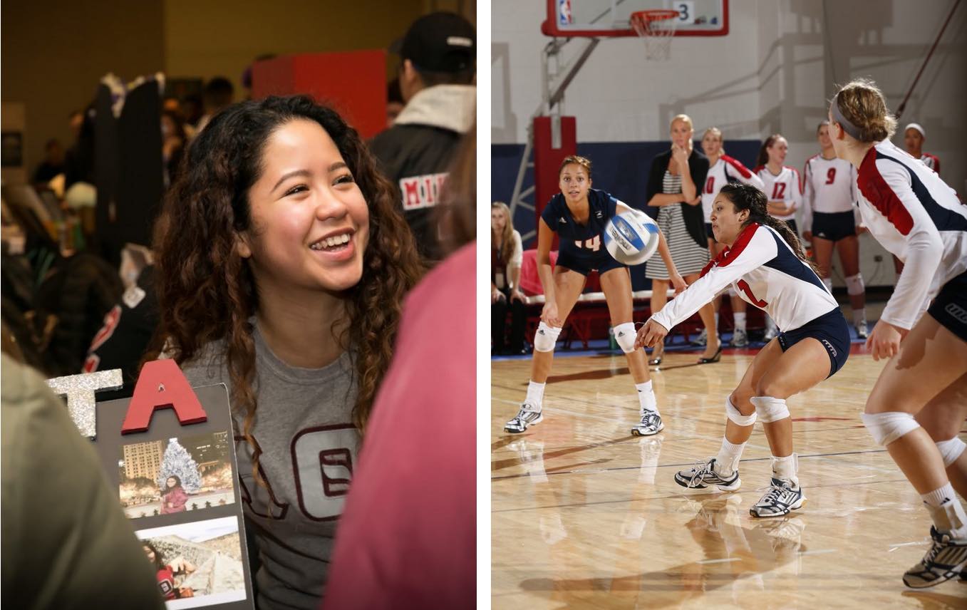 smiling student with long hair and greek-lettered shirt talking to others and UIC women's volleyball team in action during game